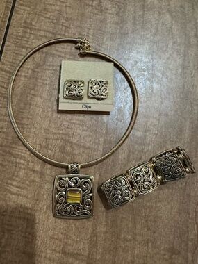 Gold Swirl Square Pendant Necklace and Bracelet Set with Clip Earrings